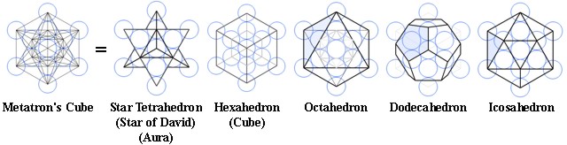 The five Platonic Solids derived from the Fruit of Life.